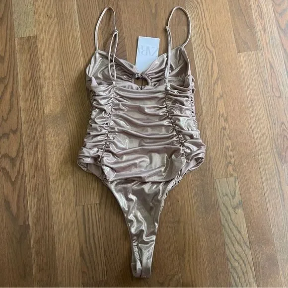 NWT Zara Metallic Gold Ruched Liquid Bodysuit with Cutout Medium 7818/384/303 - Picture 13 of 13